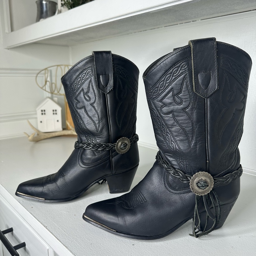 **SOLD**Oak Tree Farms Black Leather Western Cowboy Boots Braided Harness 9 - Picture 1 of 9